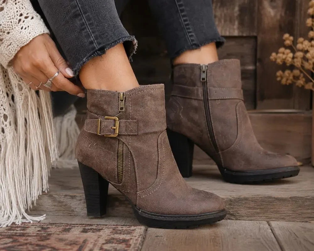 White Mountain Ankle Boots Size 8 Brown Buckle Zip Block Heel Moto Boho Western